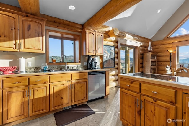 kitchen with stainless steel dishwasher, rustic walls, a healthy amount of sunlight, and sink