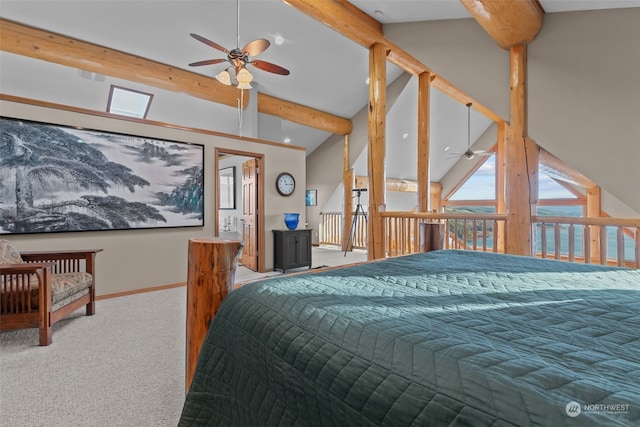 bedroom featuring carpet flooring, beam ceiling, high vaulted ceiling, and ceiling fan