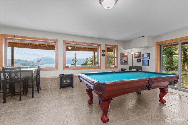 playroom featuring a mountain view, light tile patterned floors, and pool table