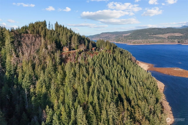 birds eye view of property with a water and mountain view