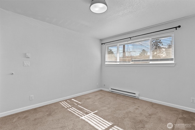 unfurnished room with carpet floors, baseboards, and baseboard heating