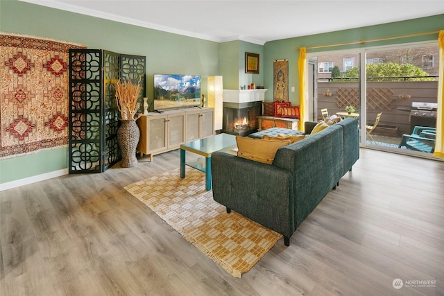 living room with light hardwood / wood-style floors, a multi sided fireplace, and crown molding