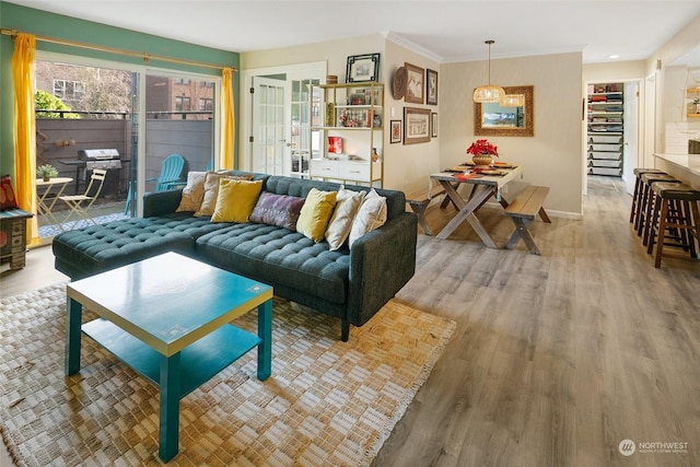 living room with hardwood / wood-style floors and ornamental molding