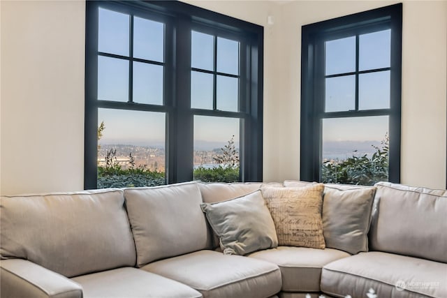 living room featuring plenty of natural light and a mountain view