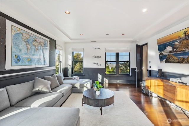 living room featuring dark wood-type flooring