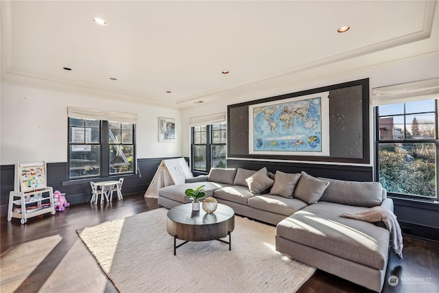 living room featuring dark hardwood / wood-style flooring and a healthy amount of sunlight