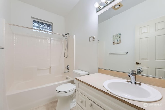 full bathroom featuring toilet, vanity, bathing tub / shower combination, and tile patterned flooring