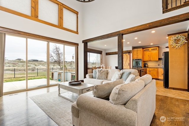 living room featuring a high ceiling and light hardwood / wood-style flooring