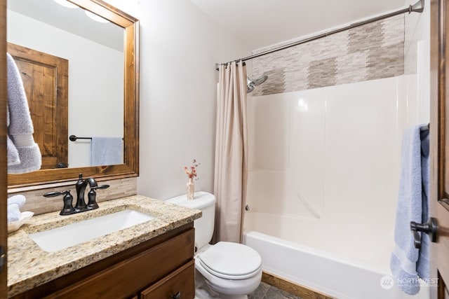 full bathroom with decorative backsplash, vanity, toilet, and shower / bathtub combination with curtain