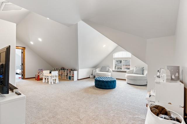 game room with carpet floors and vaulted ceiling