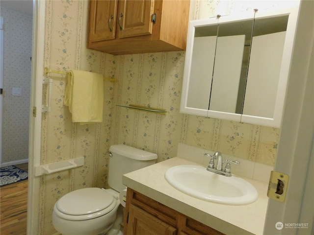 bathroom featuring vanity, hardwood / wood-style flooring, and toilet