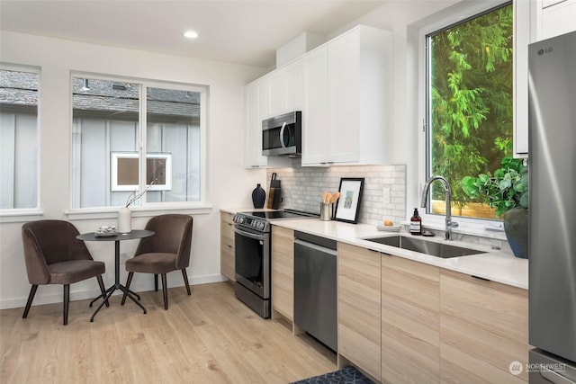 kitchen with white cabinetry, sink, stainless steel appliances, tasteful backsplash, and light hardwood / wood-style floors