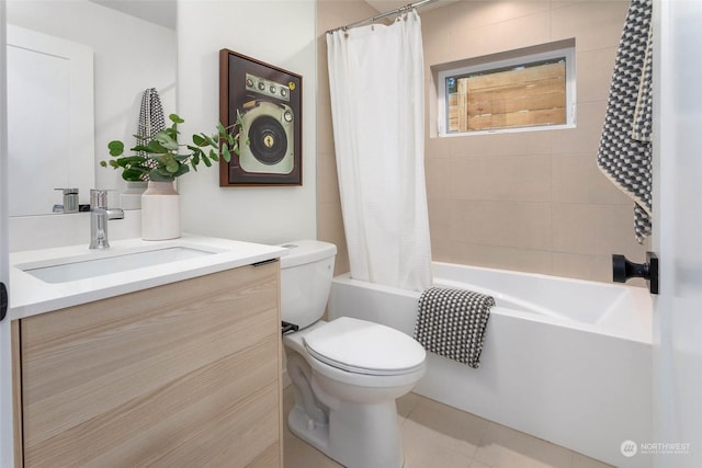 full bathroom with tile patterned flooring, shower / bath combination with curtain, toilet, and vanity