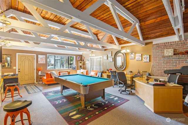 game room featuring vaulted ceiling with beams, wood ceiling, pool table, light carpet, and a notable chandelier