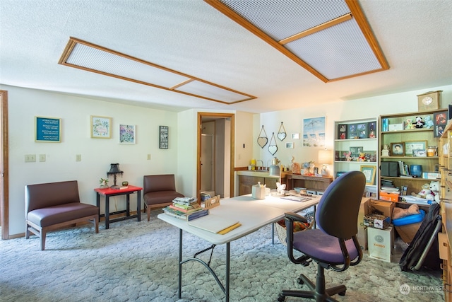 carpeted office with a textured ceiling