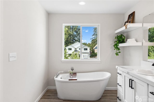 bathroom with vanity, hardwood / wood-style floors, and a bathtub