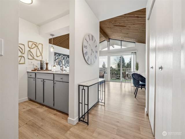 hall featuring lofted ceiling with beams, wooden ceiling, and light hardwood / wood-style flooring