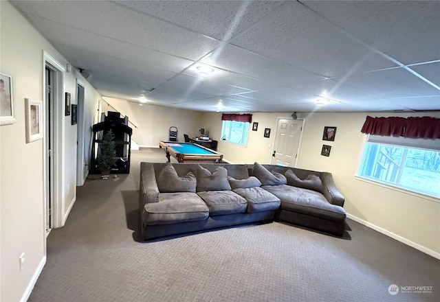 living room featuring carpet and pool table