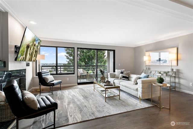 living room featuring dark hardwood / wood-style floors and crown molding