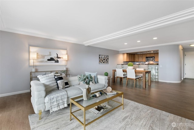 living room featuring crown molding and wood-type flooring