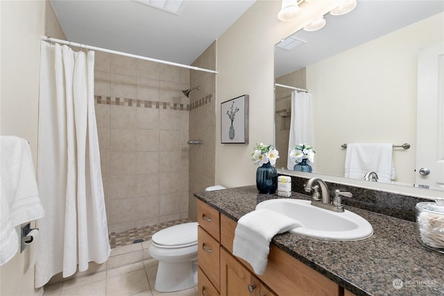 bathroom featuring walk in shower, tile patterned flooring, vanity, and toilet