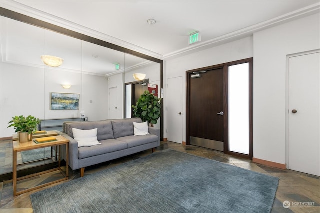 living room featuring crown molding