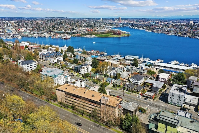 bird's eye view with a water view