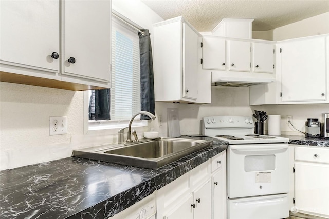 kitchen with white cabinetry, sink, a textured ceiling, and white electric stove