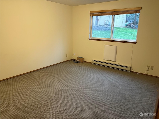 carpeted empty room featuring a baseboard radiator