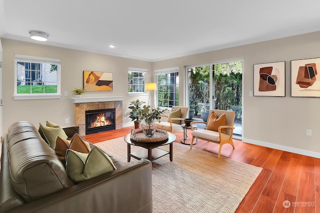 living room featuring a wealth of natural light, a fireplace, crown molding, and hardwood / wood-style flooring