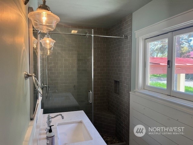 bathroom with vanity and walk in shower
