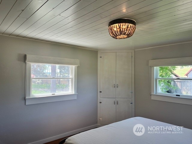 unfurnished bedroom with wooden ceiling