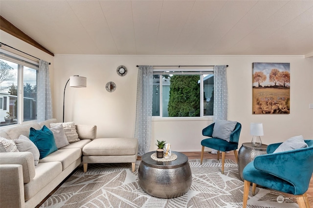 living room with wood-type flooring and ornamental molding