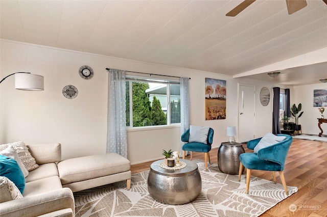 living room featuring wood-type flooring and ceiling fan