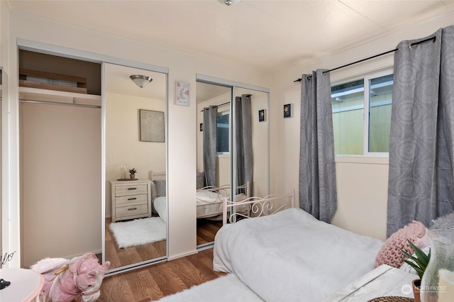 bedroom with hardwood / wood-style flooring and multiple closets