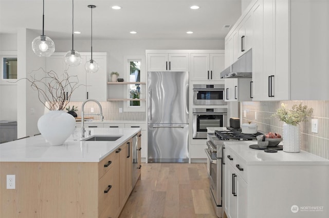 kitchen featuring open shelves, stainless steel appliances, light wood-style floors, a sink, and under cabinet range hood