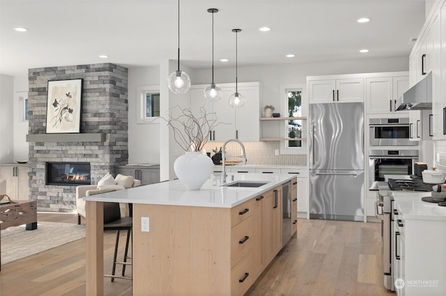 kitchen featuring a stone fireplace, a sink, appliances with stainless steel finishes, range hood, and tasteful backsplash