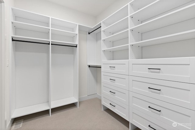 walk in closet featuring light colored carpet