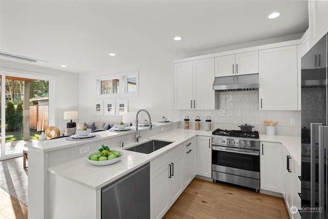 kitchen featuring white cabinets, sink, light wood-type flooring, appliances with stainless steel finishes, and kitchen peninsula