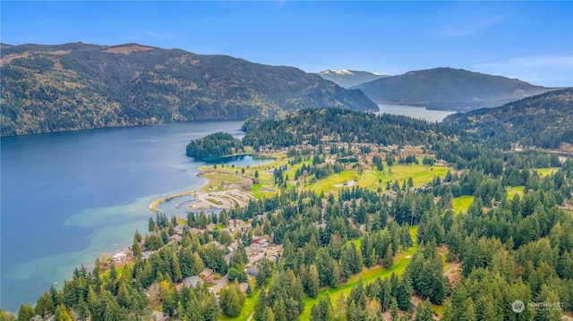 bird's eye view featuring a water and mountain view