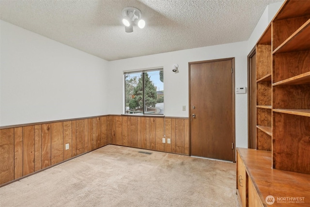 unfurnished room with a wainscoted wall, light carpet, a textured ceiling, and wooden walls