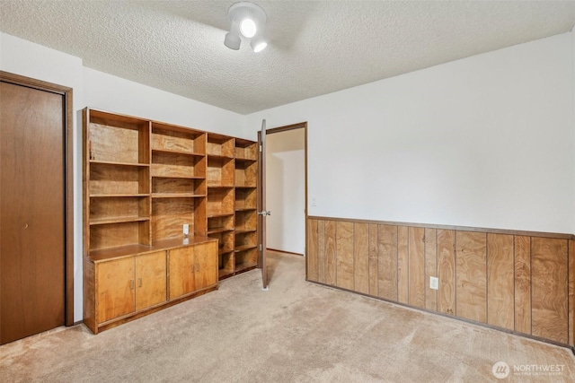 empty room with a wainscoted wall, light colored carpet, wooden walls, and a textured ceiling