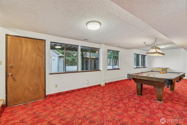 game room featuring billiards, baseboards, and a textured ceiling