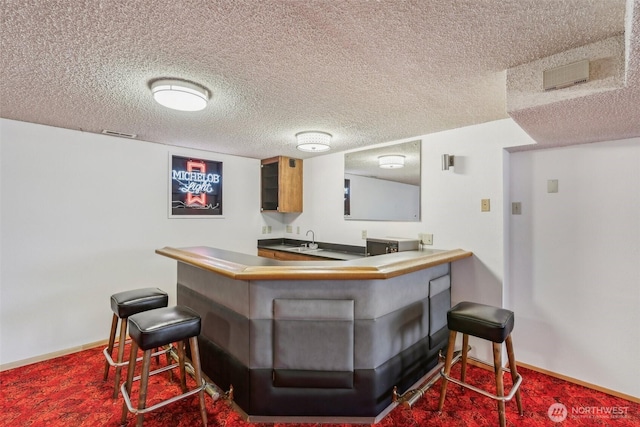 bar with a sink, a textured ceiling, wet bar, carpet floors, and baseboards