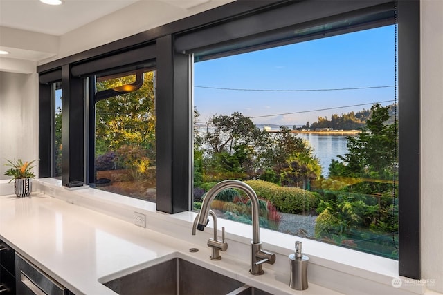 room details featuring light countertops, a water view, and a sink