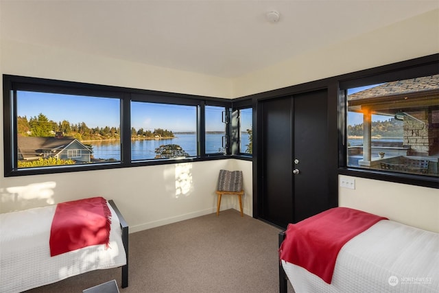 carpeted bedroom with multiple windows, a water view, and baseboards