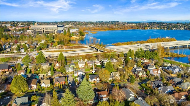 bird's eye view with a water view