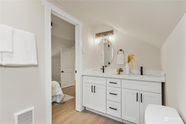 bathroom with hardwood / wood-style floors, vanity, and lofted ceiling