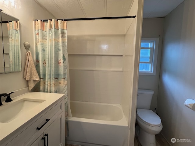 full bathroom with toilet, a textured ceiling, vanity, and shower / tub combo with curtain