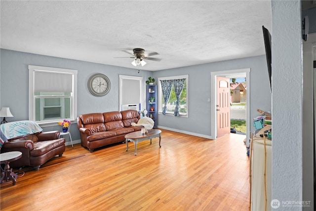 423 3rd Ave NE, Soap Lake, WA 98851 - living room with ceiling fan, wood finished floors, a textured ceiling, and baseboards